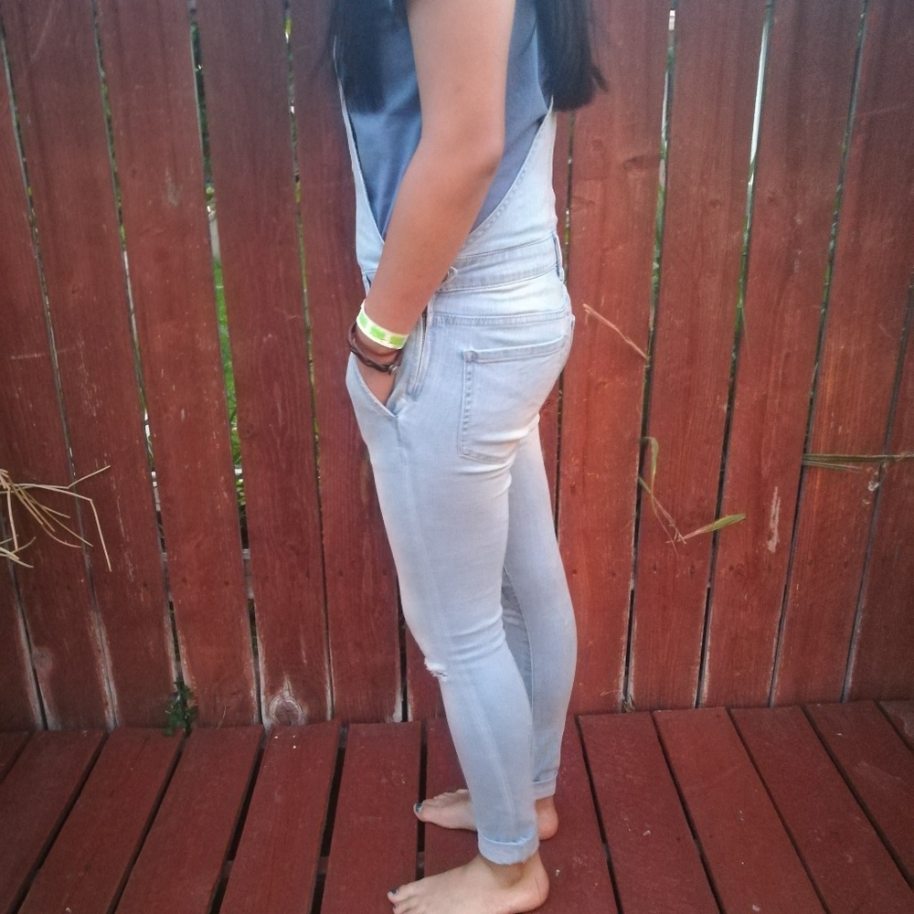 Denim distressed overalls